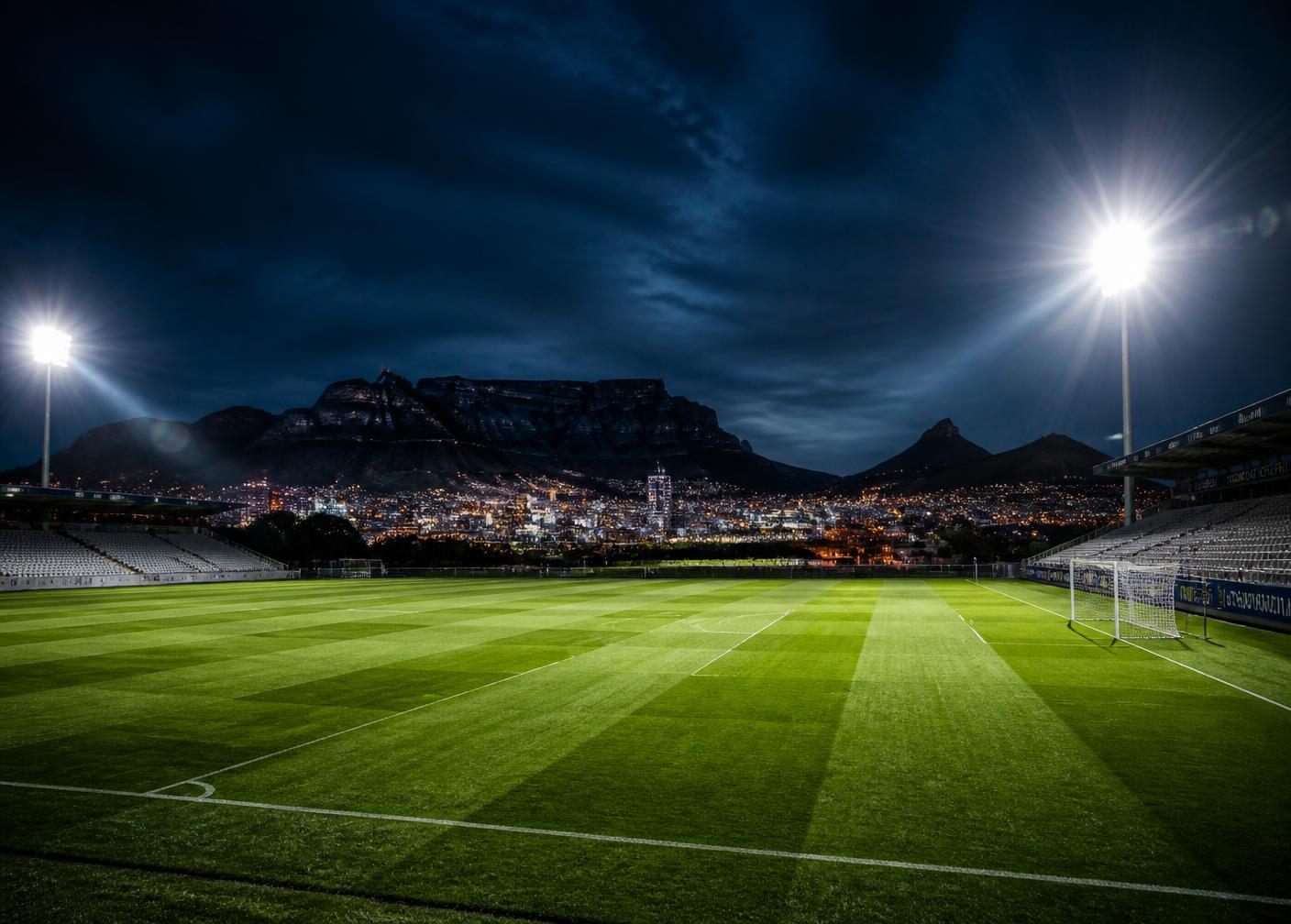 Floodlit grass pitch at night with Table Mountain and Cape Town city lights behind it