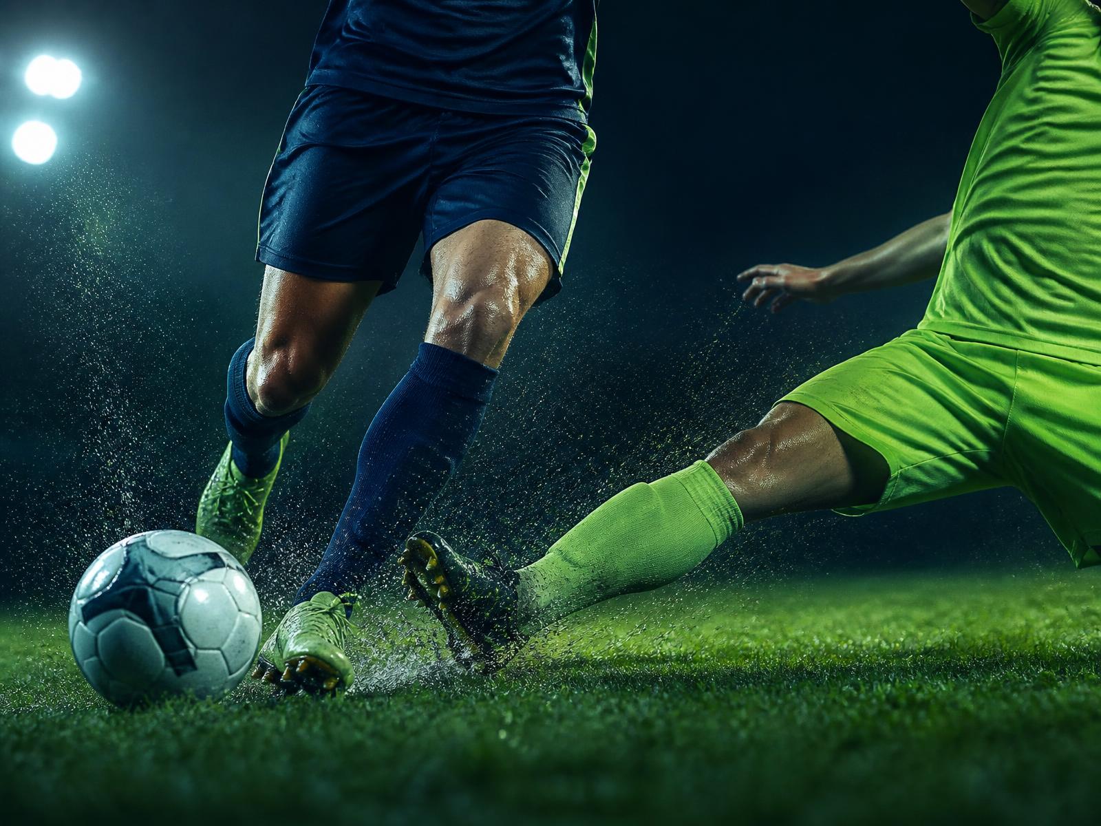 Player driving the ball forward as a defender slides in, cropped below the shoulders