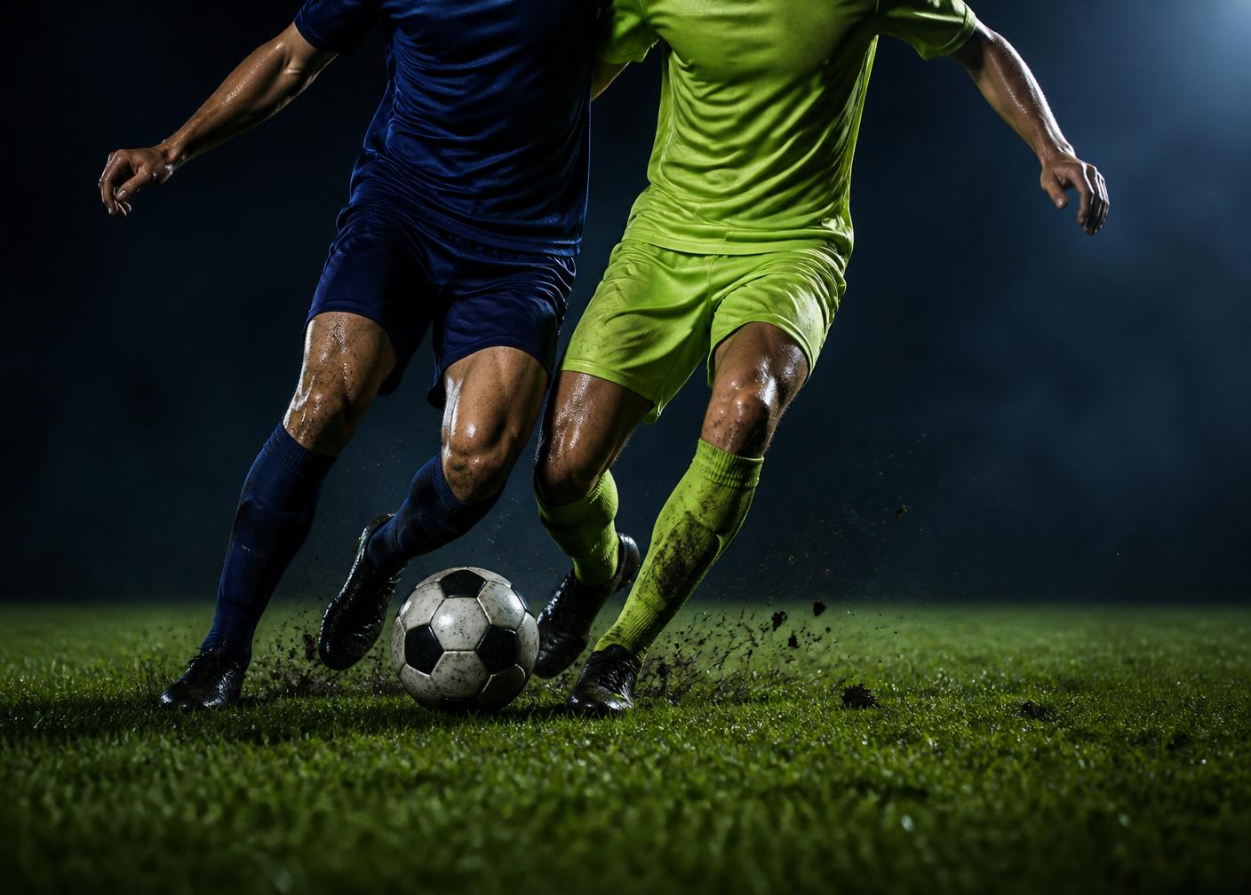Two players contesting the ball at speed on wet grass, cropped below the shoulders